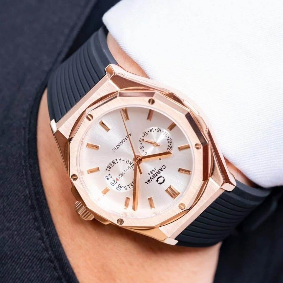 Đồng Hồ Nam Carnival 8188G Máy Cơ Tự Động Dây Cao Su Đen Mặt Trắng Size 42mm Vỏ Rose 8188G-VH-DCS-T