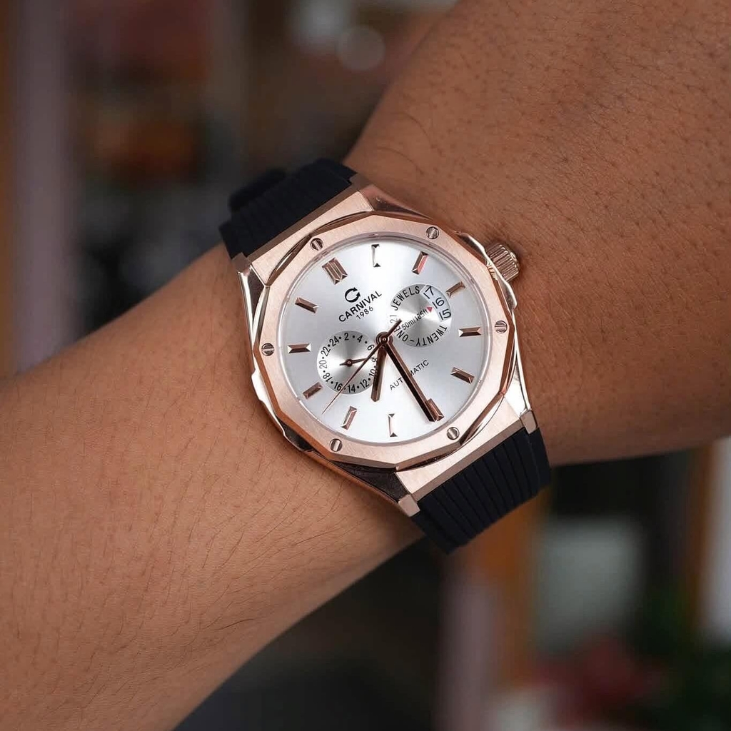 Đồng Hồ Nam Carnival 8188G Máy Cơ Tự Động Dây Cao Su Đen Mặt Trắng Size 42mm Vỏ Rose 8188G-VH-DCS-T