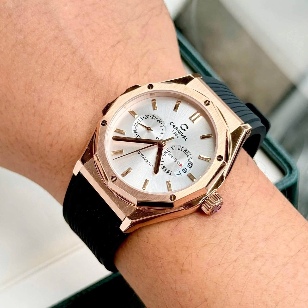 Đồng Hồ Nam Carnival 8188G Máy Cơ Tự Động Dây Cao Su Đen Mặt Trắng Size 42mm Vỏ Rose 8188G-VH-DCS-T