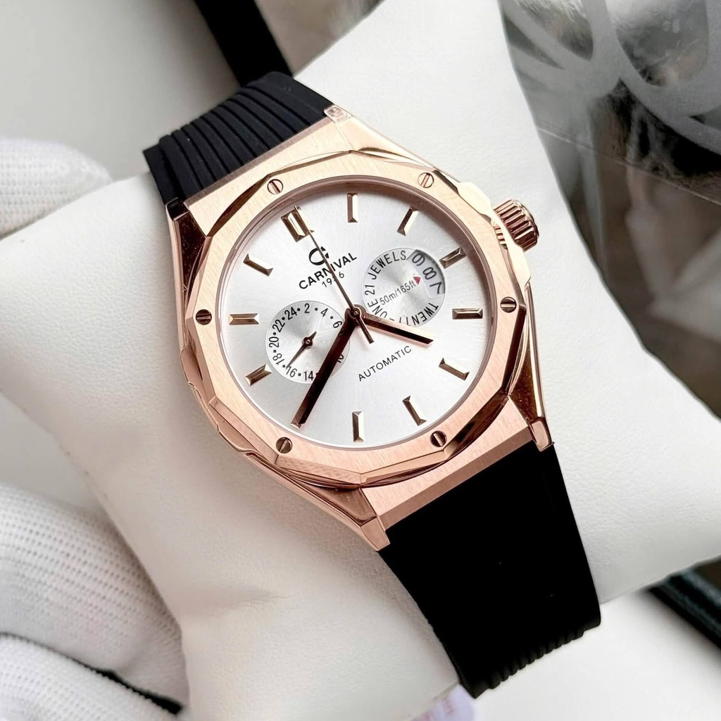 Đồng Hồ Nam Carnival 8188G Máy Cơ Tự Động Dây Cao Su Đen Mặt Trắng Size 42mm Vỏ Rose 8188G-VH-DCS-T
