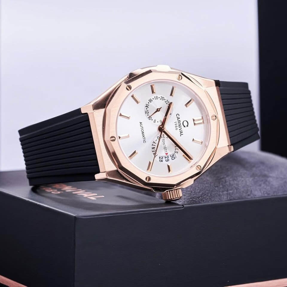 Đồng Hồ Nam Carnival 8188G Máy Cơ Tự Động Dây Cao Su Đen Mặt Trắng Size 42mm Vỏ Rose 8188G-VH-DCS-T