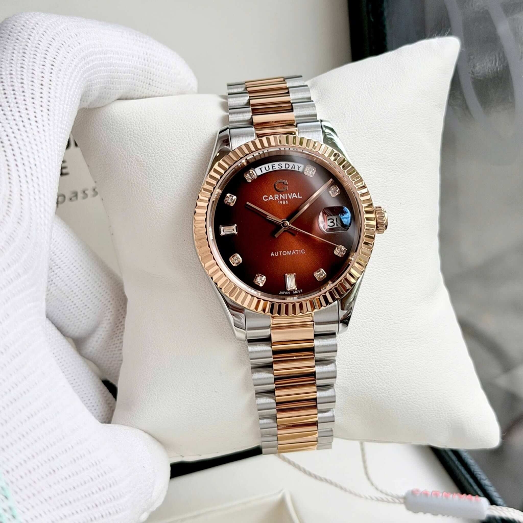 Đồng Hồ Nam Carnival 8239G-CH-N Automatic Demi Vàng Hồng Mặt Nâu Size 38mm Chính Hãng