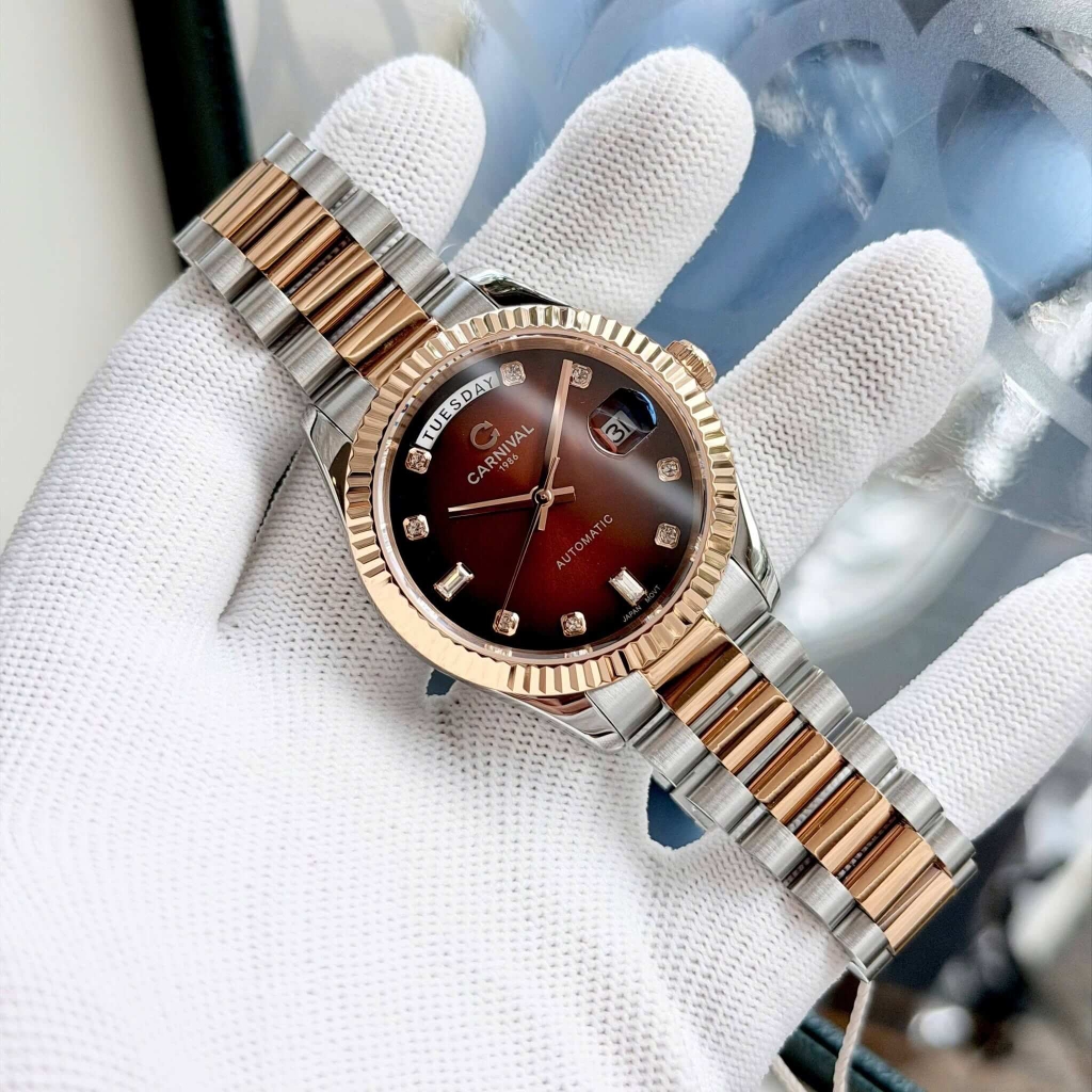 Đồng Hồ Nam Carnival 8239G-CH-N Automatic Demi Vàng Hồng Mặt Nâu Size 38mm Chính Hãng