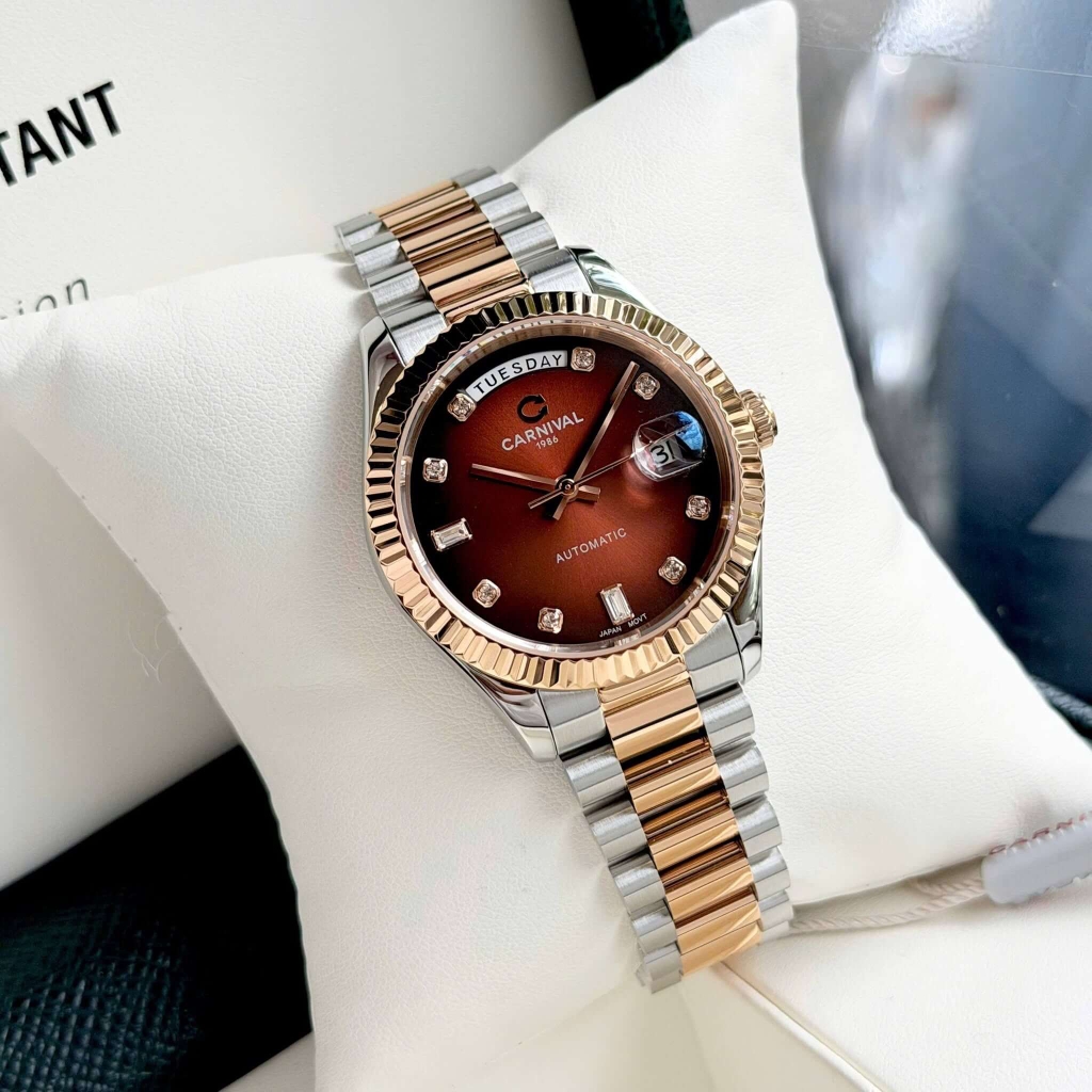 Đồng Hồ Nam Carnival 8239G-CH-N Automatic Demi Vàng Hồng Mặt Nâu Size 38mm Chính Hãng