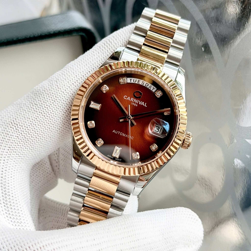 Đồng Hồ Nam Carnival 8239G-CH-N Automatic Demi Vàng Hồng Mặt Nâu Size 38mm Chính Hãng