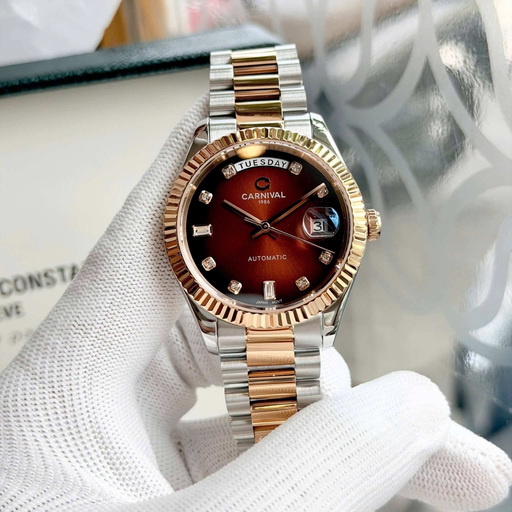 Đồng Hồ Nam Carnival 8239G-CH-N Automatic Demi Vàng Hồng Mặt Nâu Size 38mm Chính Hãng