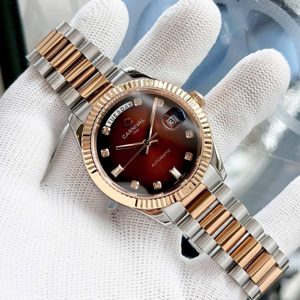 Đồng Hồ Nam Carnival 8239G-CH-N Automatic Demi Vàng Hồng Mặt Nâu Size 38mm Chính Hãng