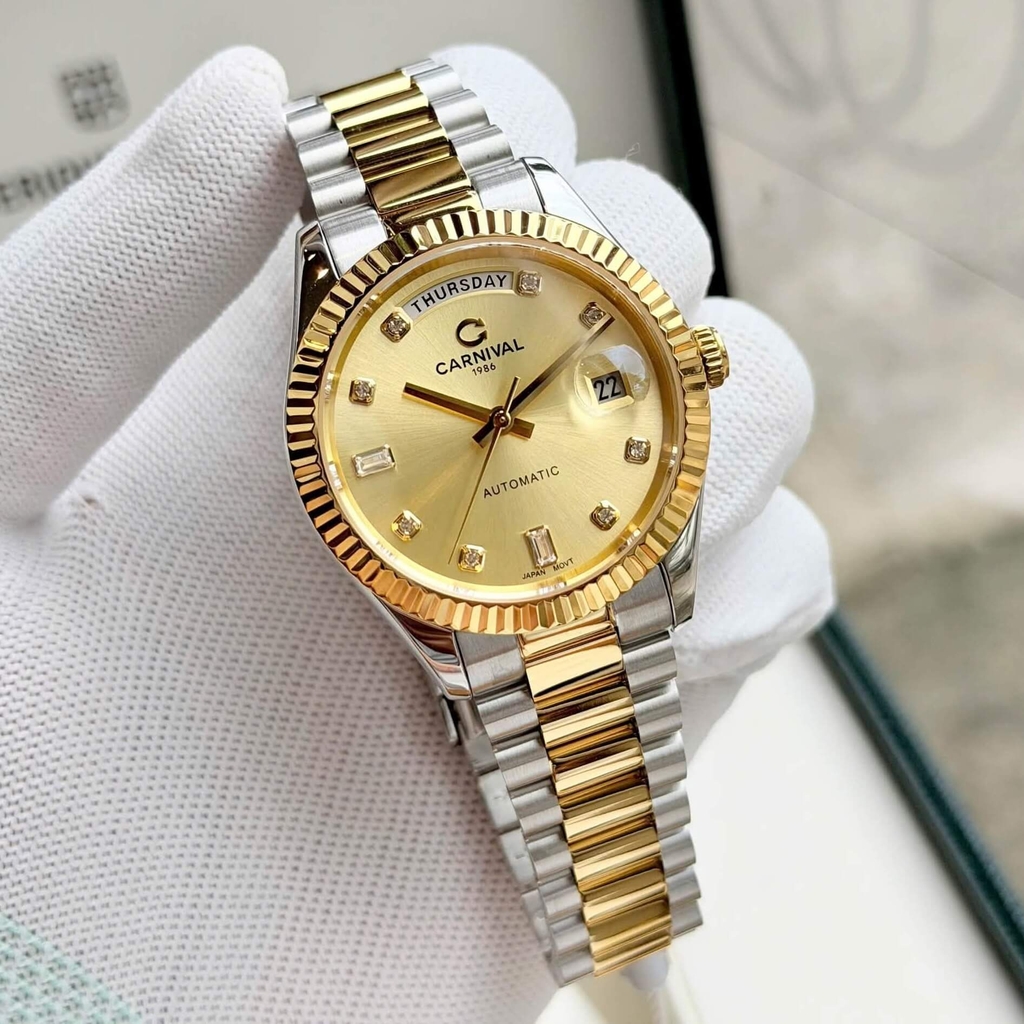 Đồng Hồ Nam Carnival 8239G-CV-V Automatic Chính Hãng Size 38mm Demi Vàng Mặt Vàng