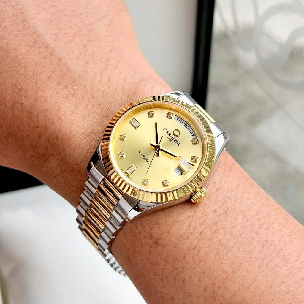 Đồng Hồ Nam Carnival 8239G-CV-V Automatic Chính Hãng Size 38mm Demi Vàng Mặt Vàng