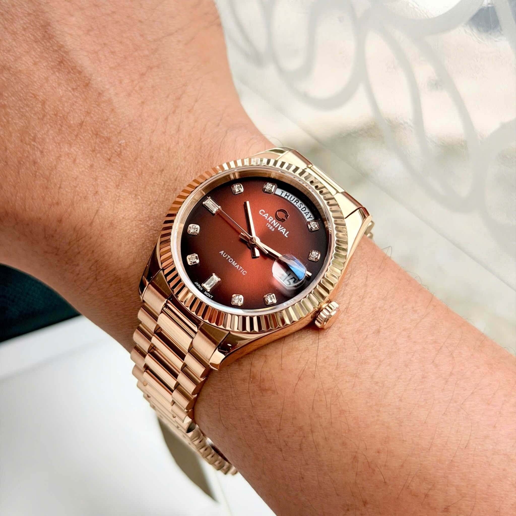 Đồng Hồ Nam Carnival 8239G-VH-N Automatic Vàng Hồng Mặt Nâu Size 38mm Chính Hãng
