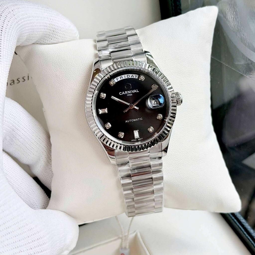 Đồng Hồ Nam Carnival 8239G-VT-D Automatic Dây Thép Bạc Mặt Đen Size 38mm Chính Hãng