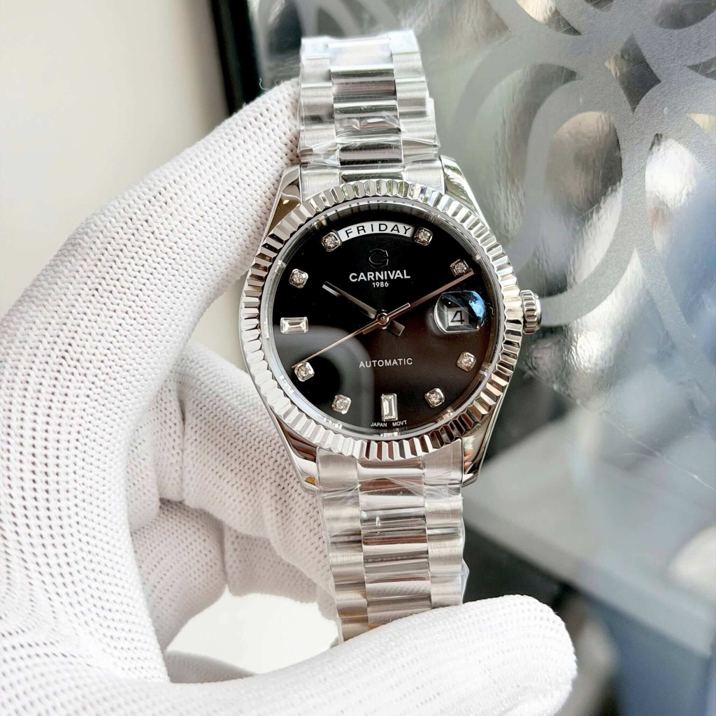 Đồng Hồ Nam Carnival 8239G-VT-D Automatic Dây Thép Bạc Mặt Đen Size 38mm Chính Hãng