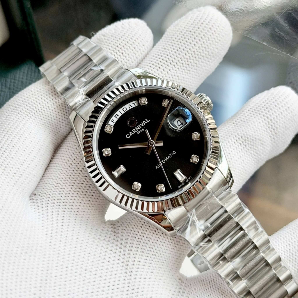 Đồng Hồ Nam Carnival 8239G-VT-D Automatic Dây Thép Bạc Mặt Đen Size 38mm Chính Hãng
