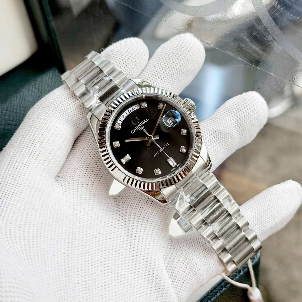 Đồng Hồ Nam Carnival 8239G-VT-D Automatic Dây Thép Bạc Mặt Đen Size 38mm Chính Hãng
