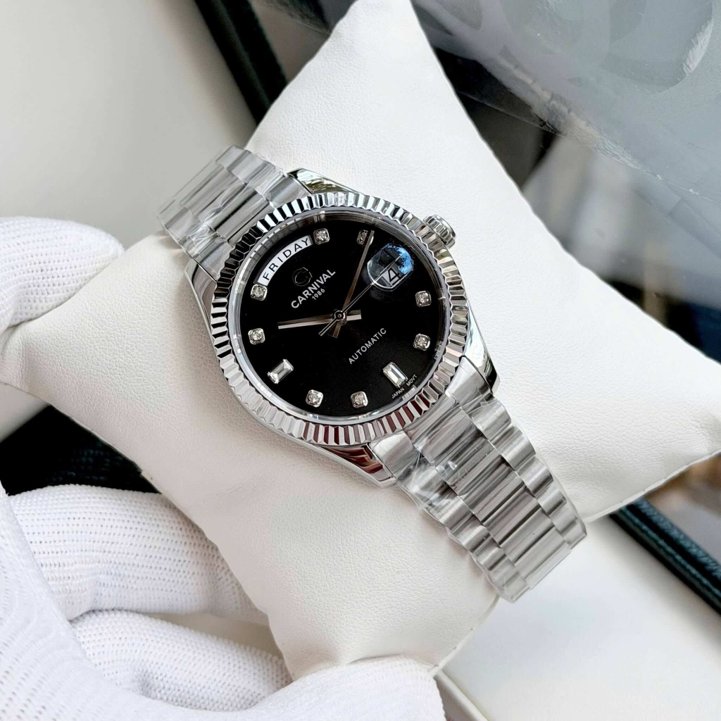 Đồng Hồ Nam Carnival 8239G-VT-D Automatic Dây Thép Bạc Mặt Đen Size 38mm Chính Hãng