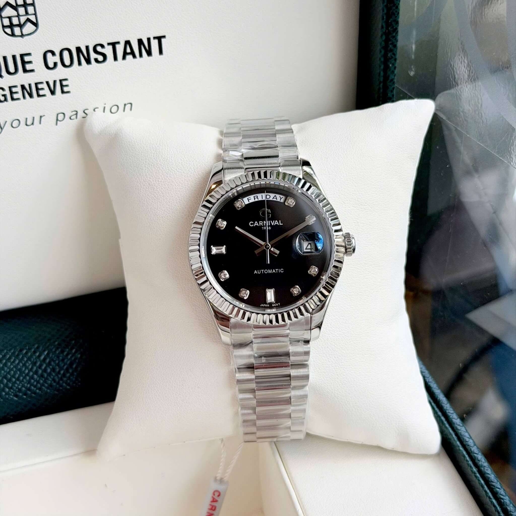 Đồng Hồ Nam Carnival 8239G-VT-D Automatic Dây Thép Bạc Mặt Đen Size 38mm Chính Hãng