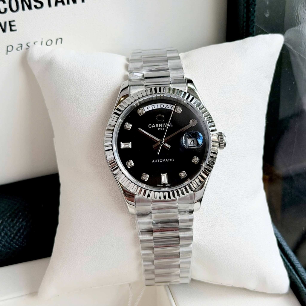 Đồng Hồ Nam Carnival 8239G-VT-D Automatic Dây Thép Bạc Mặt Đen Size 38mm Chính Hãng