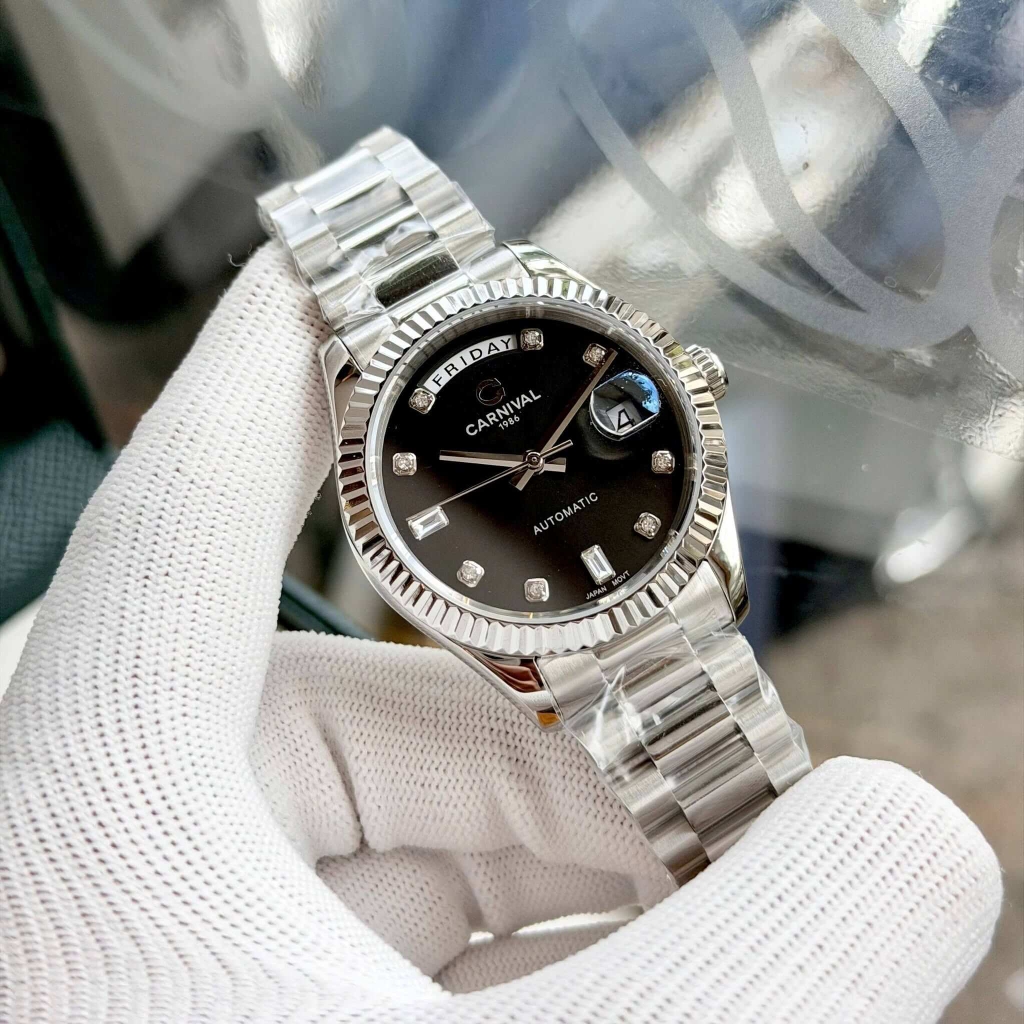 Đồng Hồ Nam Carnival 8239G-VT-D Automatic Dây Thép Bạc Mặt Đen Size 38mm Chính Hãng