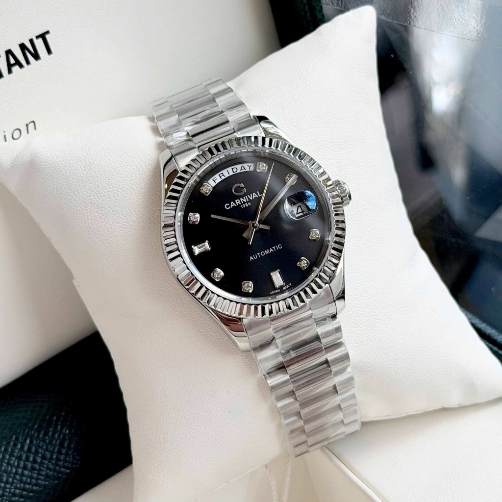 Đồng Hồ Nam Carnival 8239G-VT-D Automatic Dây Thép Bạc Mặt Đen Size 38mm Chính Hãng