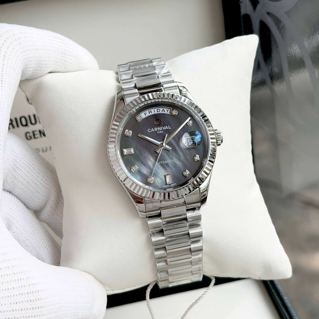 Đồng Hồ Nam Carnival 8239G-VT-DK Automatic Dây Thép Bạc Mặt Xà Cừ Đen Xám Size 38mm Chính Hãng