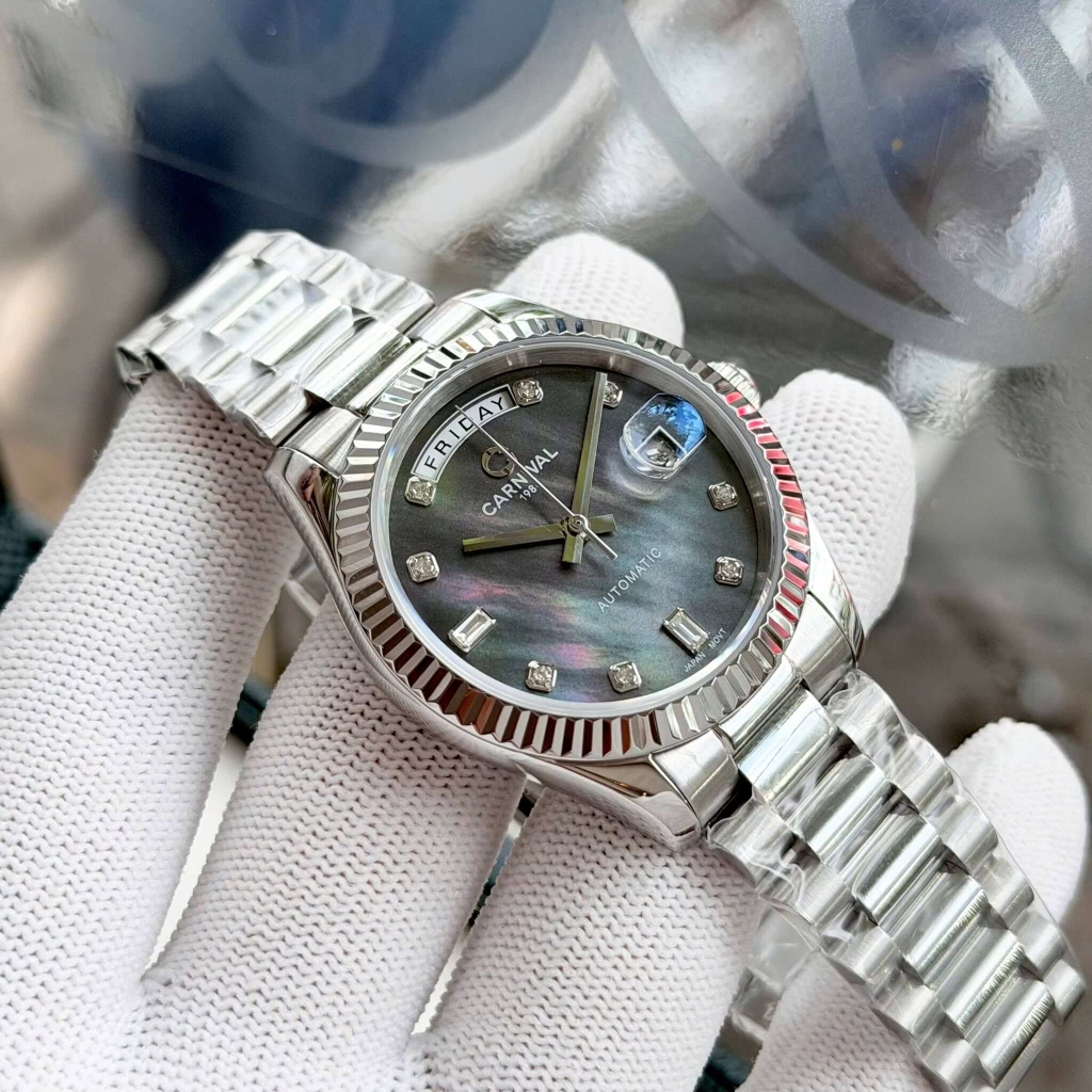 Đồng Hồ Nam Carnival 8239G-VT-DK Automatic Dây Thép Bạc Mặt Xà Cừ Đen Xám Size 38mm Chính Hãng