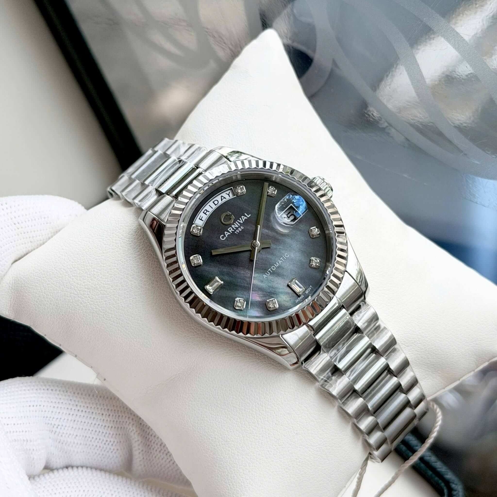 Đồng Hồ Nam Carnival 8239G-VT-DK Automatic Dây Thép Bạc Mặt Xà Cừ Đen Xám Size 38mm Chính Hãng