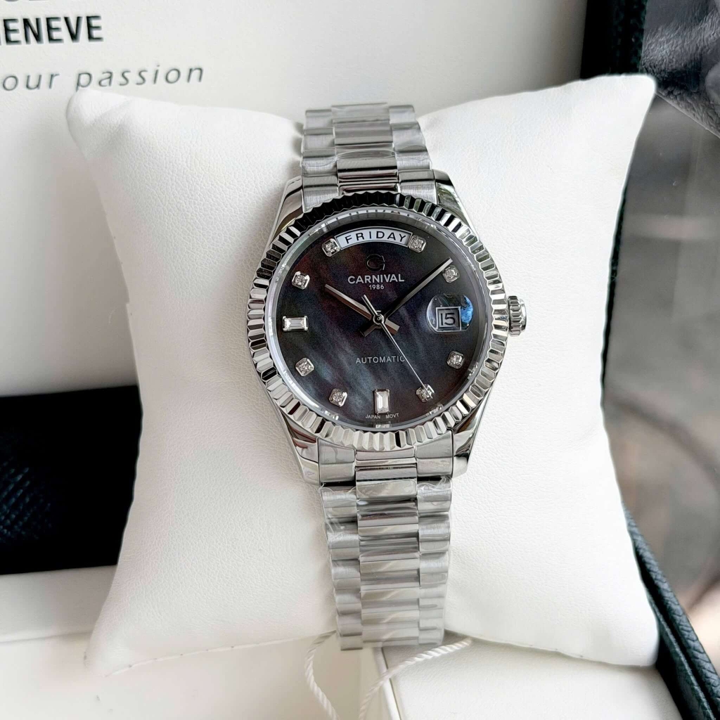 Đồng Hồ Nam Carnival 8239G-VT-DK Automatic Dây Thép Bạc Mặt Xà Cừ Đen Xám Size 38mm Chính Hãng