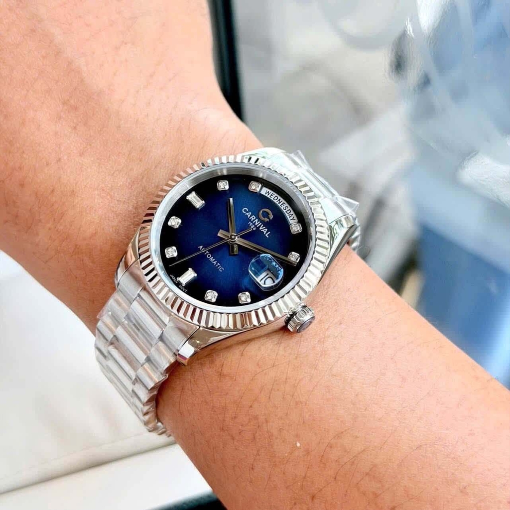 Đồng Hồ Nam Carnival 8239G-VT-X Automatic Dây Thép Bạc Mặt Xanh Dương Size 38mm Chính Hãng