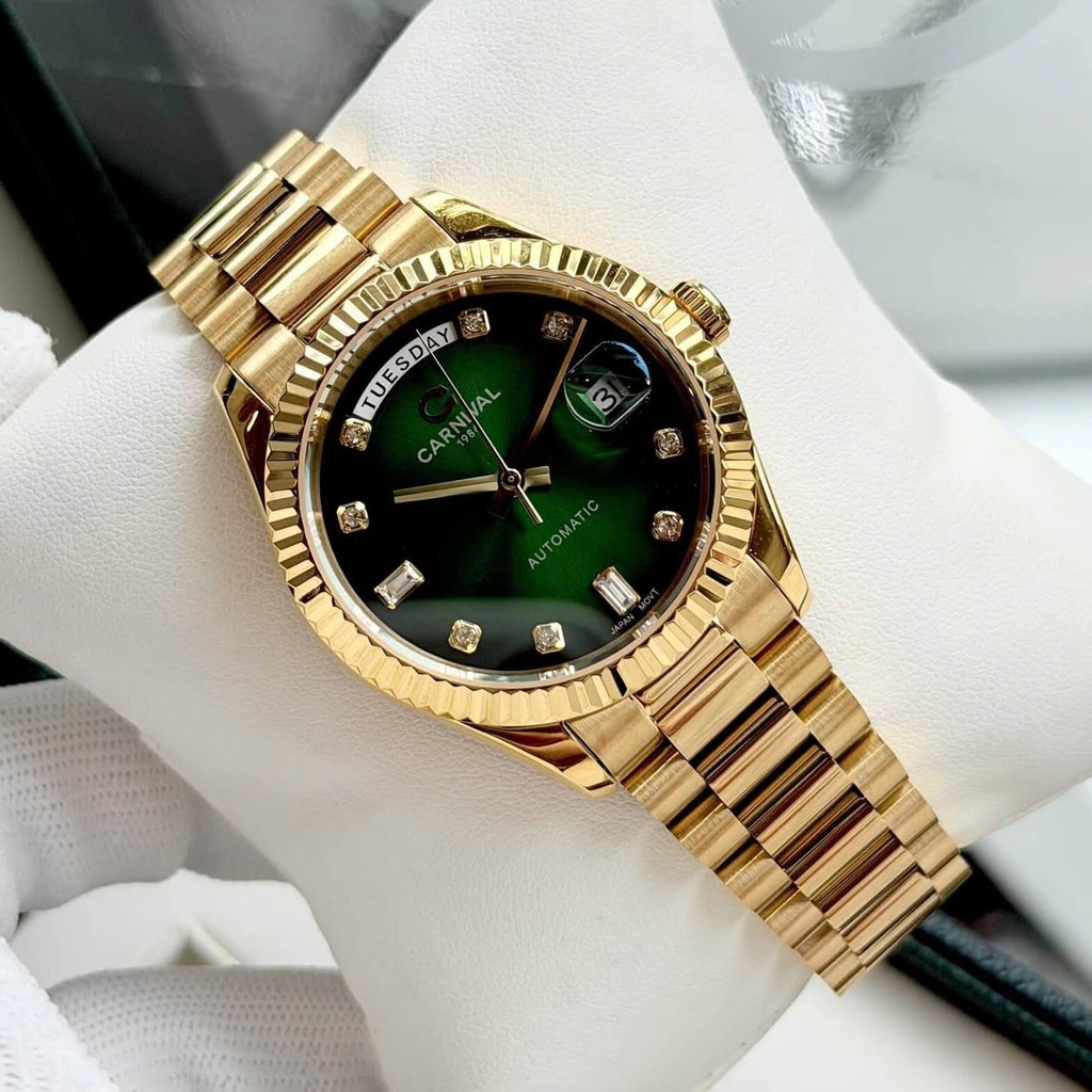 Đồng Hồ Nam Carnival 8239G-VV-XL Automatic Vàng Gold Mặt Xanh Lá Size 38mm Chính Hãng