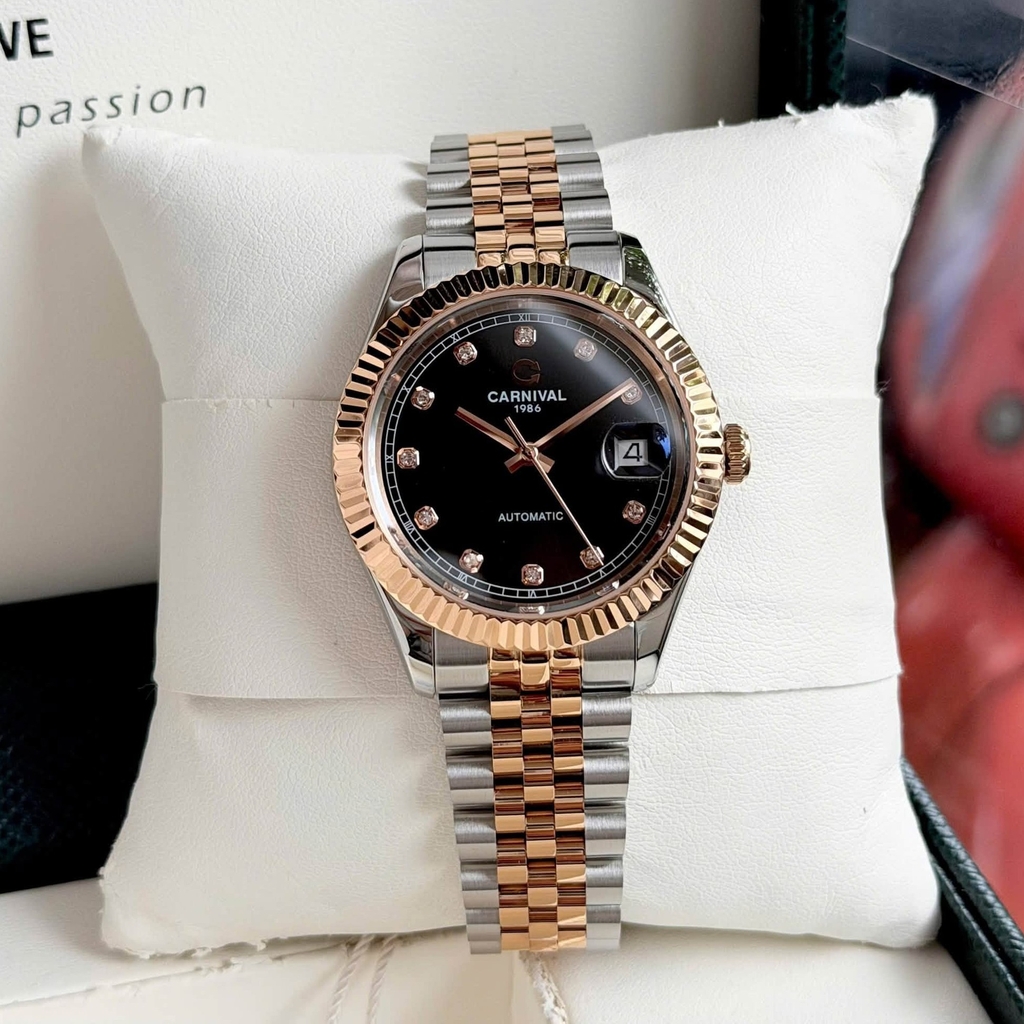 Đồng Hồ Nam Carnival 8250G-CH-D Automatic Dây Demi Vàng Hồng Mặt Đen Size 38mm