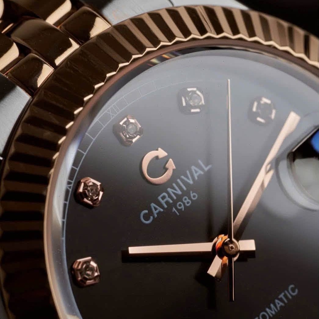 Đồng Hồ Nam Carnival 8250G-CH-D Automatic Dây Demi Vàng Hồng Mặt Đen Size 38mm
