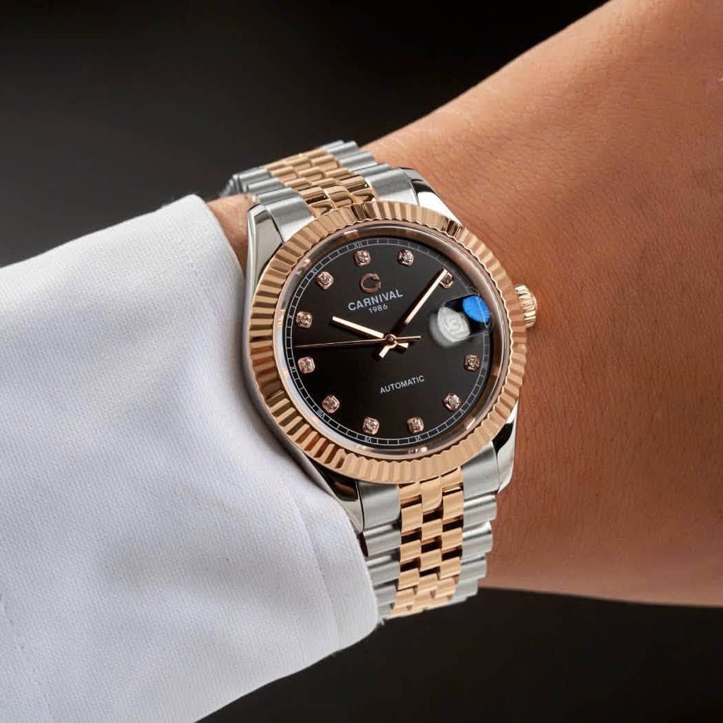 Đồng Hồ Nam Carnival 8250G-CH-D Automatic Dây Demi Vàng Hồng Mặt Đen Size 38mm