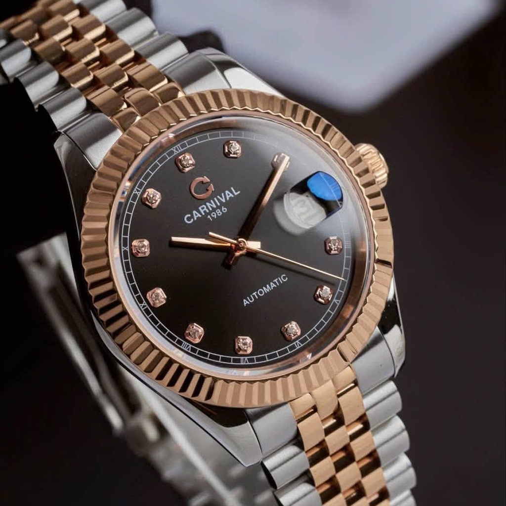 Đồng Hồ Nam Carnival 8250G-CH-D Automatic Dây Demi Vàng Hồng Mặt Đen Size 38mm