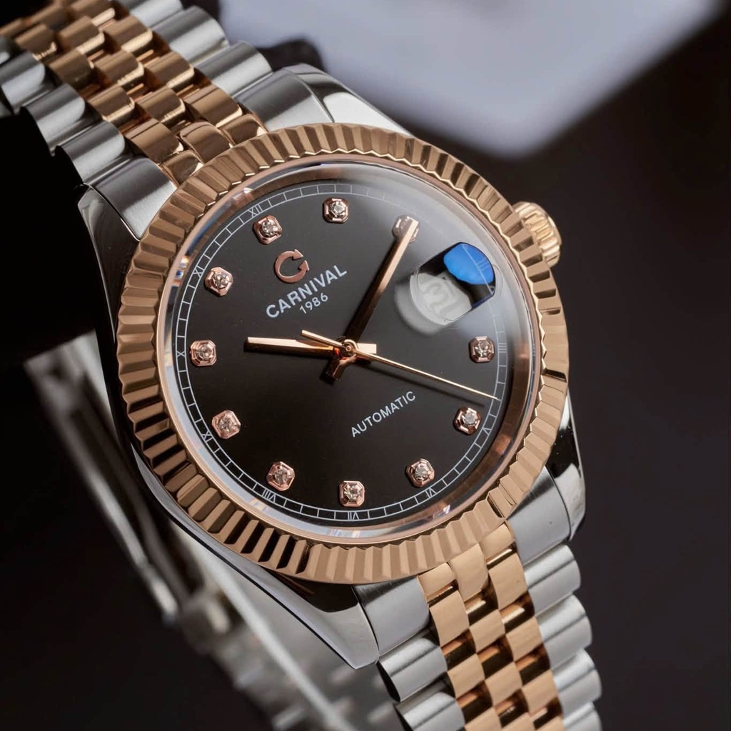 Đồng Hồ Nam Carnival 8250G-CH-D Automatic Dây Demi Vàng Hồng Mặt Đen Size 38mm