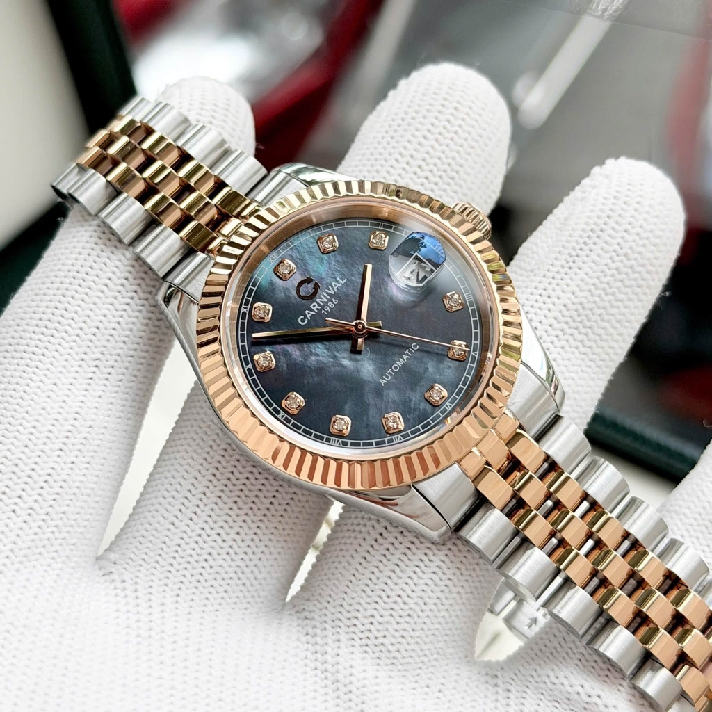 Đồng Hồ Nam Carnival 8250G-CH-DK Automatic Dây Thép Demi Vàng Hồng Mặt Xà Cừ Xám Đen Size 38mm