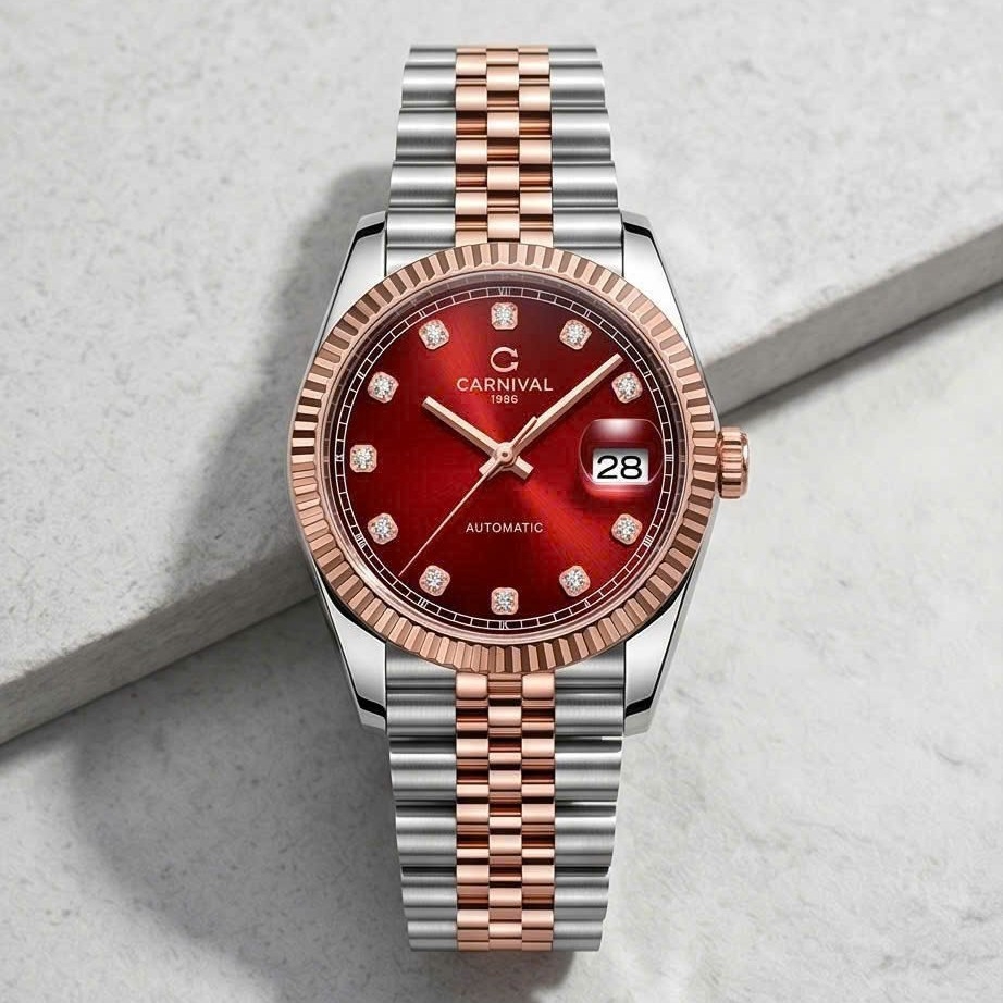 Đồng Hồ Nam Carnival 8250G-CH-DO Automatic Dây Thép Demi Vàng Hồng Mặt Đỏ Size 38mm