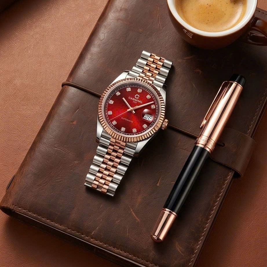 Đồng Hồ Nam Carnival 8250G-CH-DO Automatic Dây Thép Demi Vàng Hồng Mặt Đỏ Size 38mm