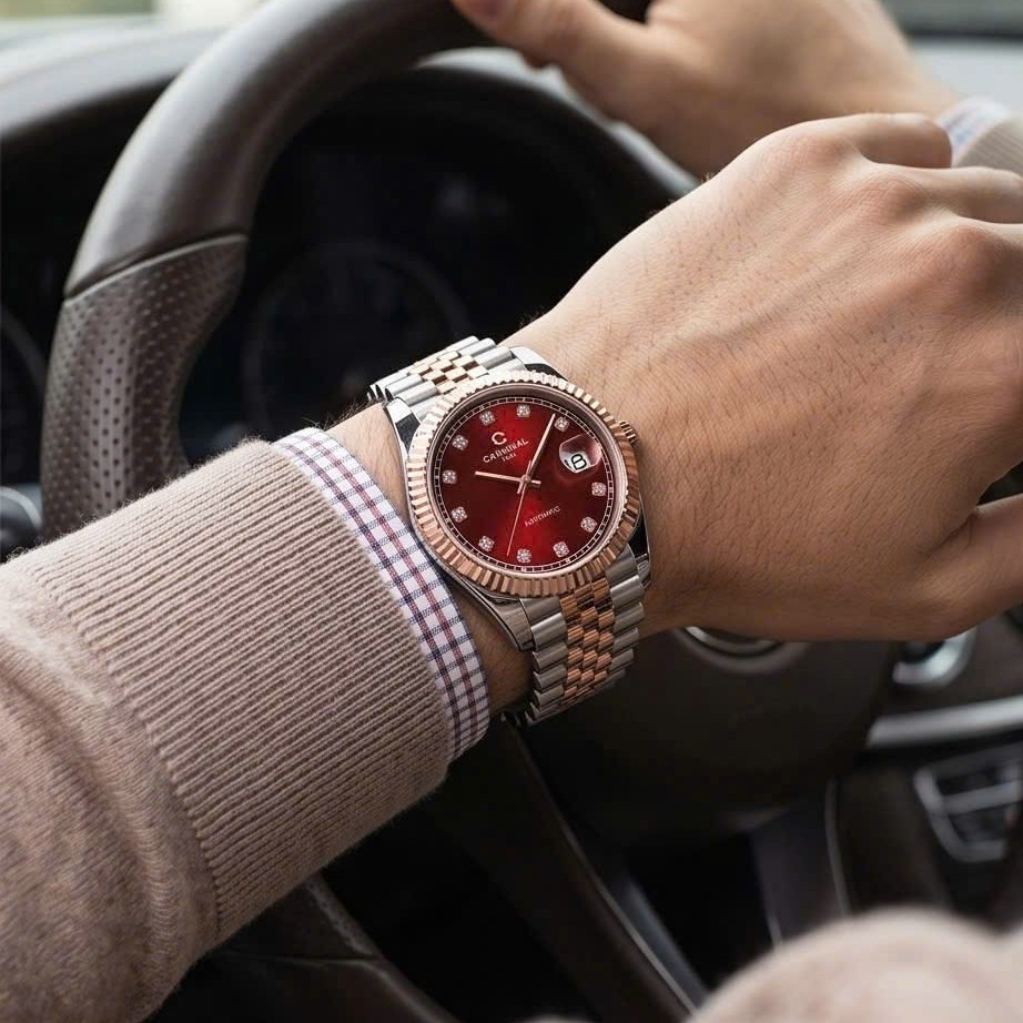 Đồng Hồ Nam Carnival 8250G-CH-DO Automatic Dây Thép Demi Vàng Hồng Mặt Đỏ Size 38mm