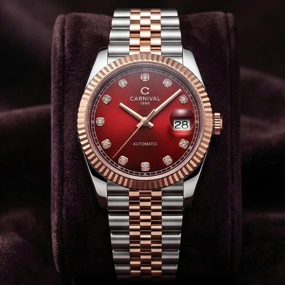 Đồng Hồ Nam Carnival 8250G-CH-DO Automatic Dây Thép Demi Vàng Hồng Mặt Đỏ Size 38mm