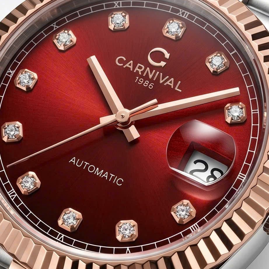 Đồng Hồ Nam Carnival 8250G-CH-DO Automatic Dây Thép Demi Vàng Hồng Mặt Đỏ Size 38mm