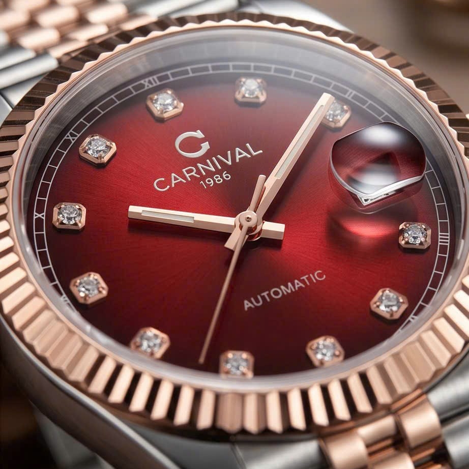 Đồng Hồ Nam Carnival 8250G-CH-DO Automatic Dây Thép Demi Vàng Hồng Mặt Đỏ Size 38mm