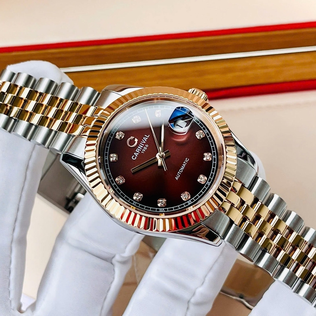 Đồng Hồ Nam Carnival 8250G-CH-N Automatic Dây Demi Vàng Hồng Mặt Nâu Socola Size 38mm