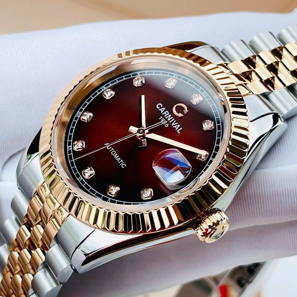 Đồng Hồ Nam Carnival 8250G-CH-N Automatic Dây Demi Vàng Hồng Mặt Nâu Socola Size 38mm