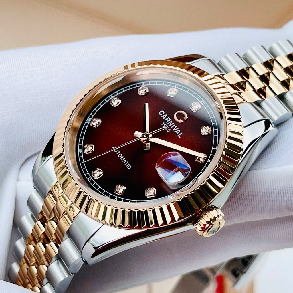 Đồng Hồ Nam Carnival 8250G-CH-N Automatic Dây Demi Vàng Hồng Mặt Nâu Socola Size 38mm