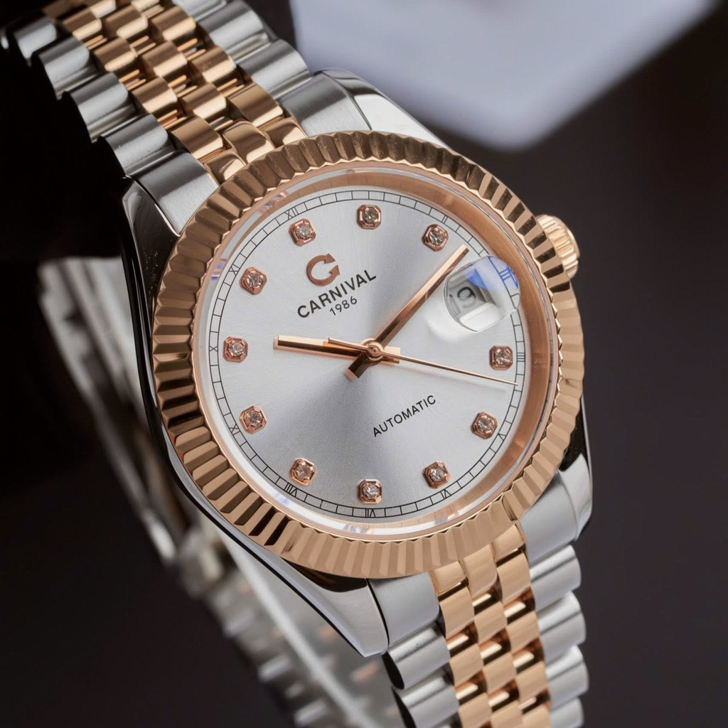 Đồng Hồ Nam Carnival 8250G-CH-T Automatic Dây Demi Vàng Hồng Mặt Trắng Size 38mm
