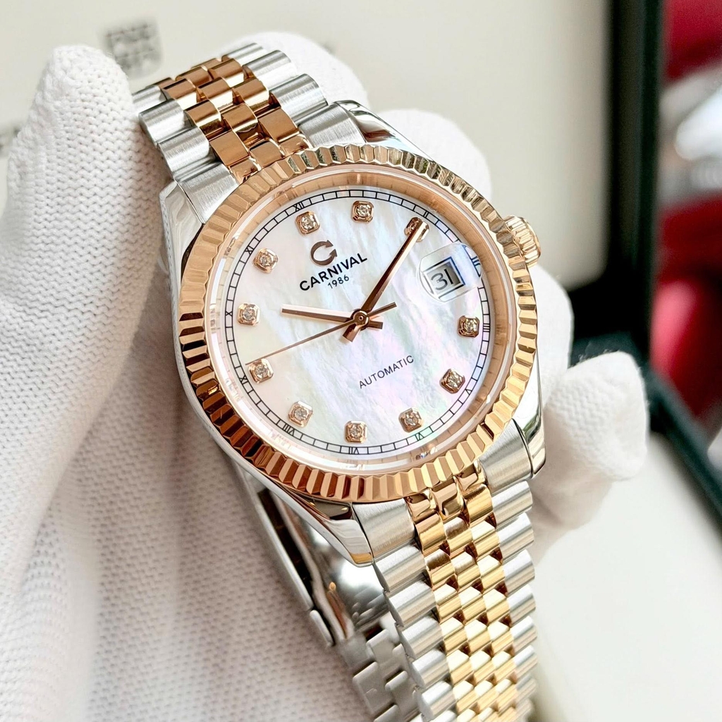 Đồng Hồ Nam Carnival 8250G-CH-TK Automatic Dây Demi Vàng Hồng Mặt Xà Cừ Trắng Size 38mm