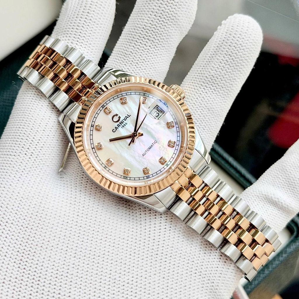 Đồng Hồ Nam Carnival 8250G-CH-TK Automatic Dây Demi Vàng Hồng Mặt Xà Cừ Trắng Size 38mm