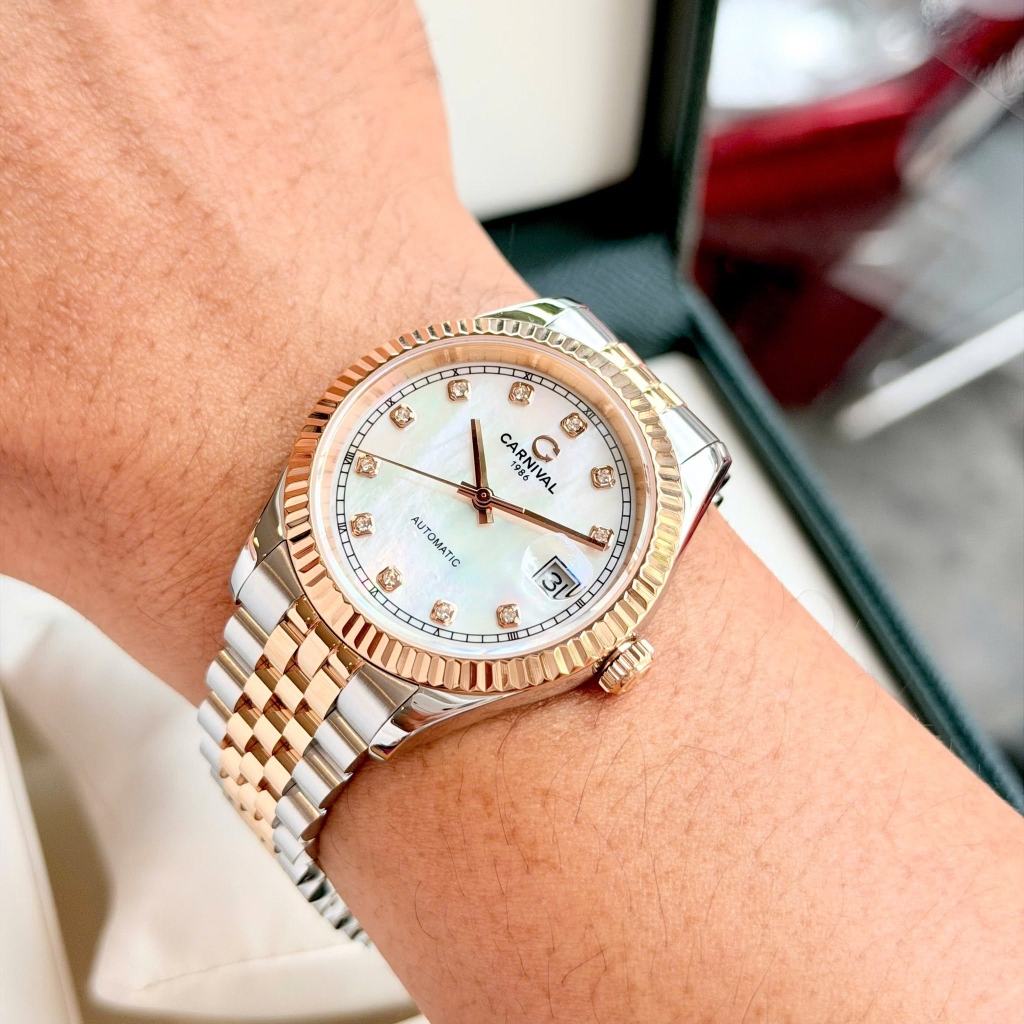 Đồng Hồ Nam Carnival 8250G-CH-TK Automatic Dây Demi Vàng Hồng Mặt Xà Cừ Trắng Size 38mm