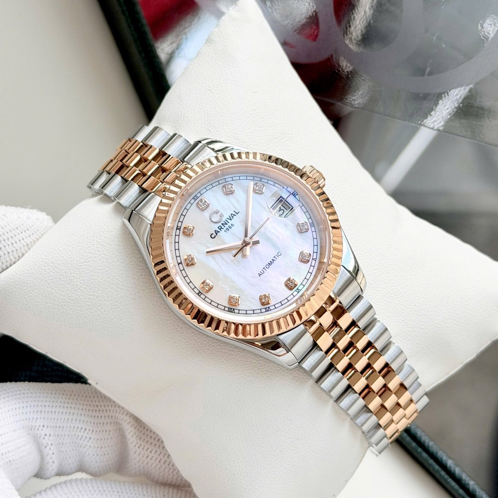 Đồng Hồ Nam Carnival 8250G-CH-TK Automatic Dây Demi Vàng Hồng Mặt Xà Cừ Trắng Size 38mm