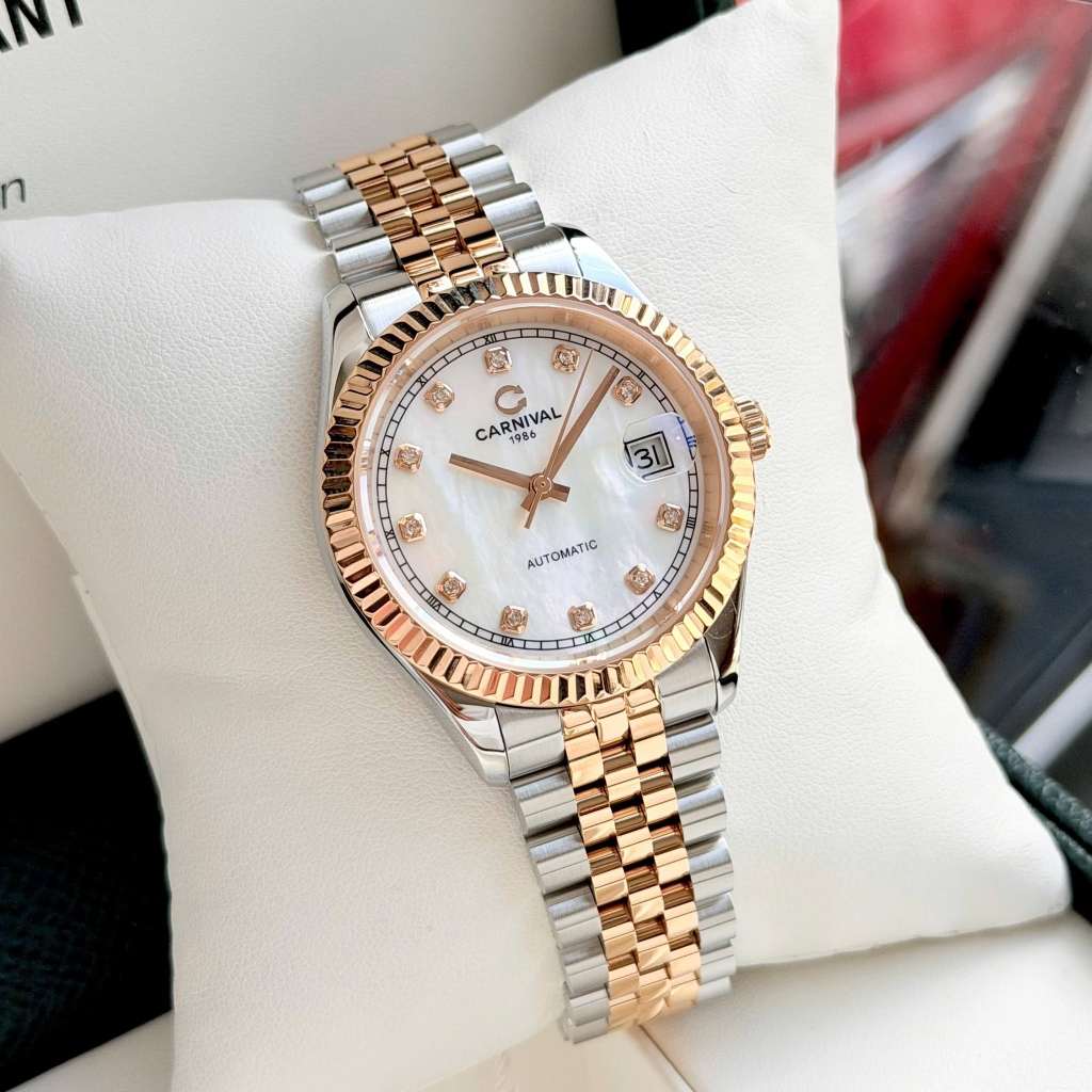 Đồng Hồ Nam Carnival 8250G-CH-TK Automatic Dây Demi Vàng Hồng Mặt Xà Cừ Trắng Size 38mm